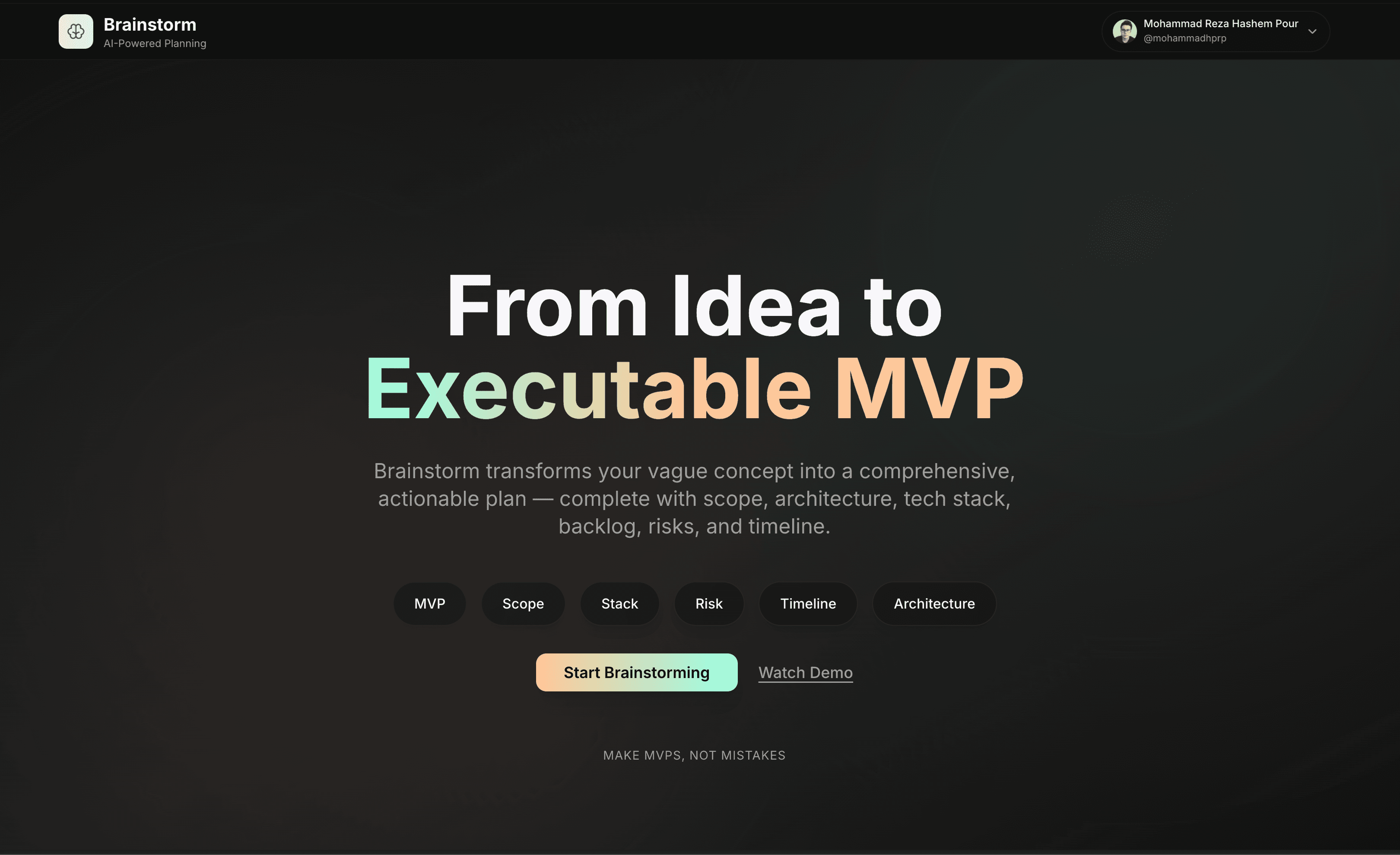 Brainstorm MVP planner interface showcasing scoped milestones.